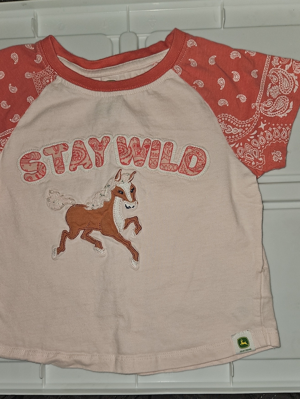 John Deere Pink and Coral 'Stay Wild' Horse Raglan Tee